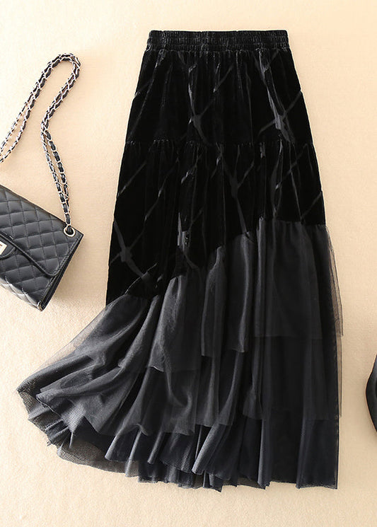 Diy Black Tulle Patchwork Silk Velour Skirt Spring