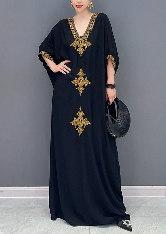 Black V Neck Embroidered Cotton Maxi Dress Batwing Sleeve