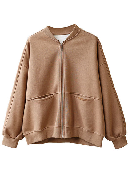 Khaki Zippered Pockets Fall Coats Long Sleeve