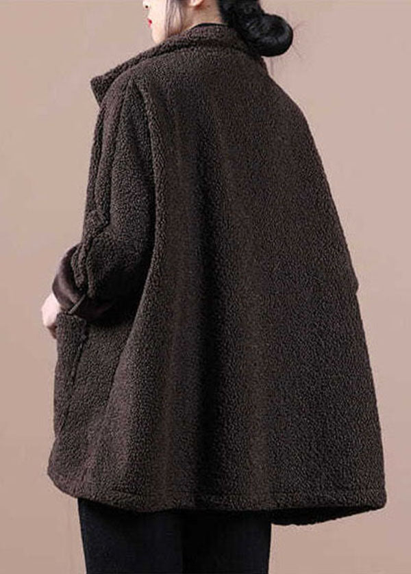 Coffee Warm Teddy Faux Fur Loose Coats Zip Up Batwing Sleeve