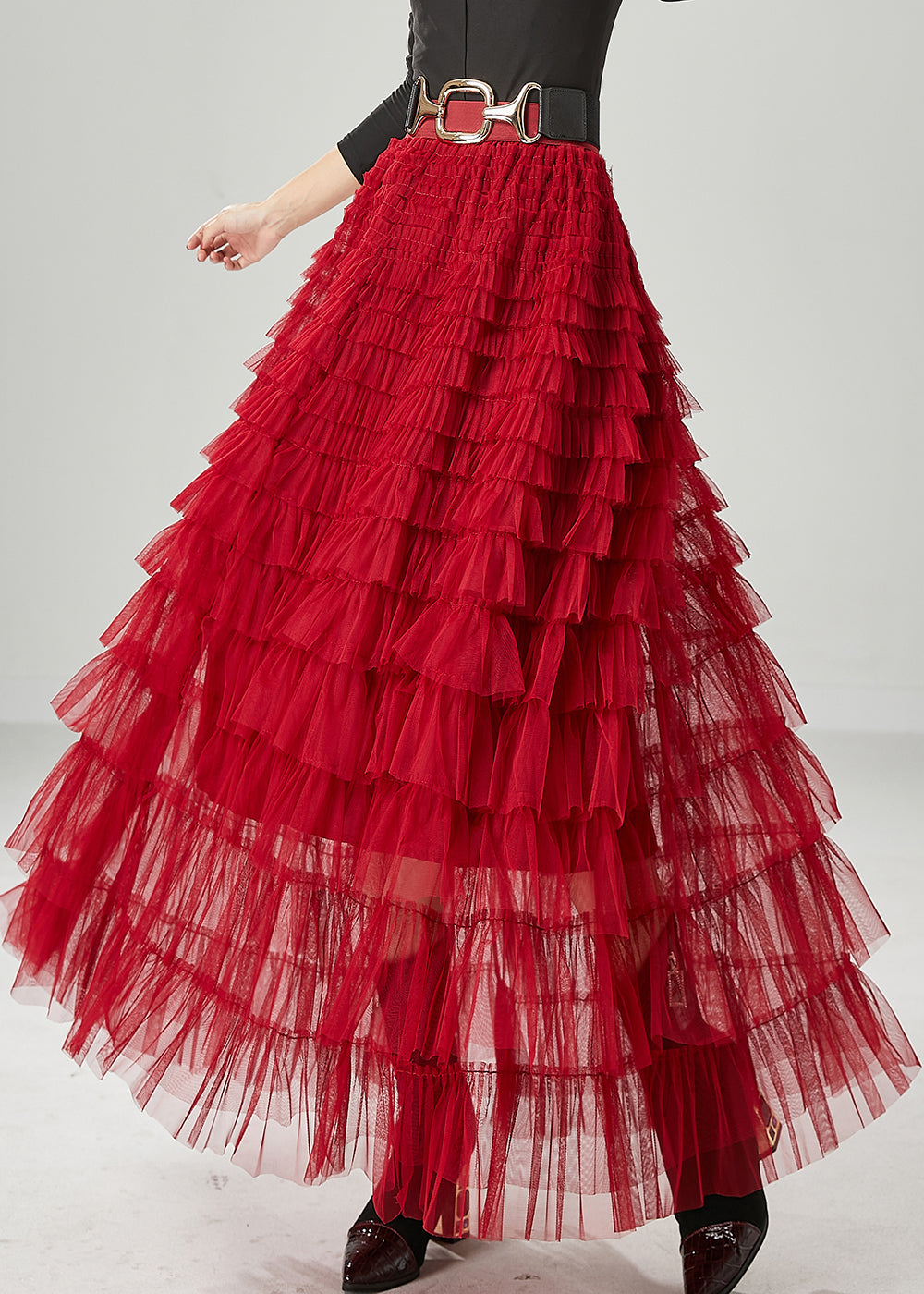 Organic Red Elastic Waist Layered Tulle a Line Skirt Summer