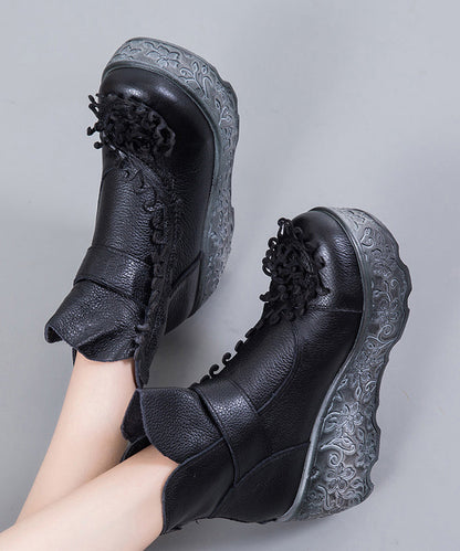 Handmade Splicing Wedge Boots Black Cowhide Leather