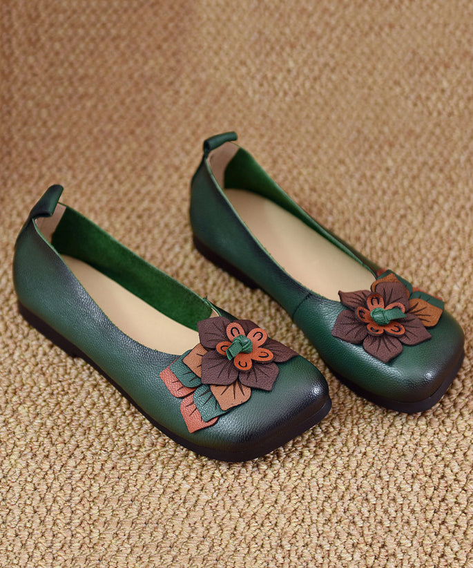 Comfortable Green Cowhide Leather Splicing Flat Shoes