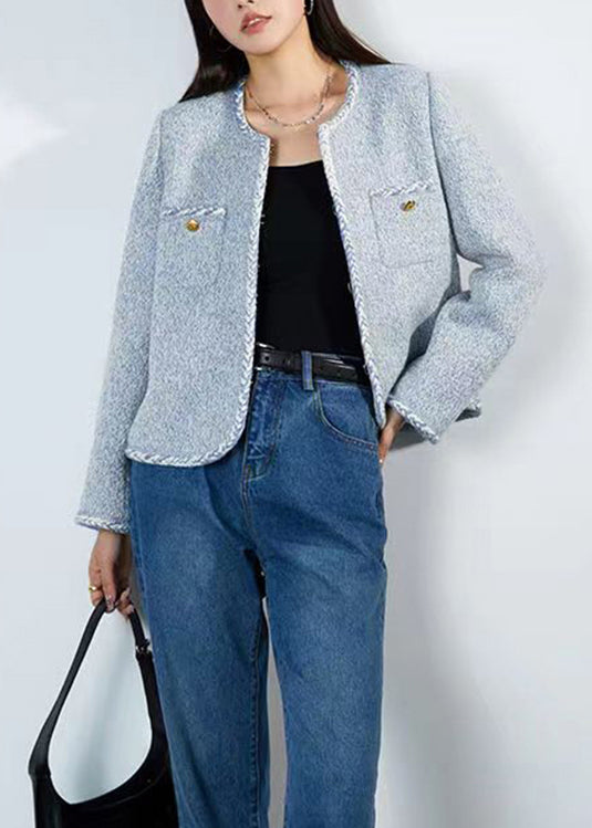 Blue O Neck Button Patchwork Cotton Coats Fall