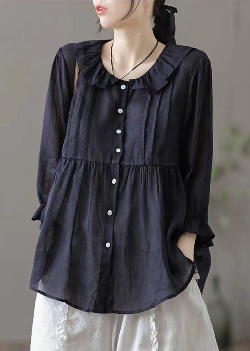 Champagne Color Peter Pan Collar Button Cotton Shirt Fall