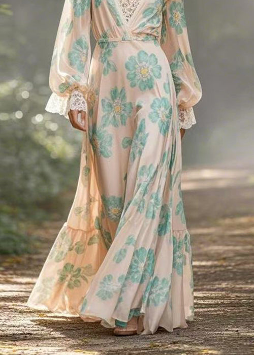 Apricot V Neck Print Patchwork Silk Maxi Dresses Spring