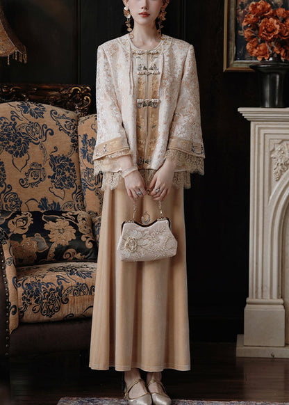 New Yellow Chinese Button Coat and Silk Velvet Skirts Two Pieces Set Spring
