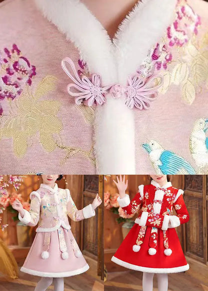 Pink Stand Collar Button Coats and Skirts Two Pieces Set Winter