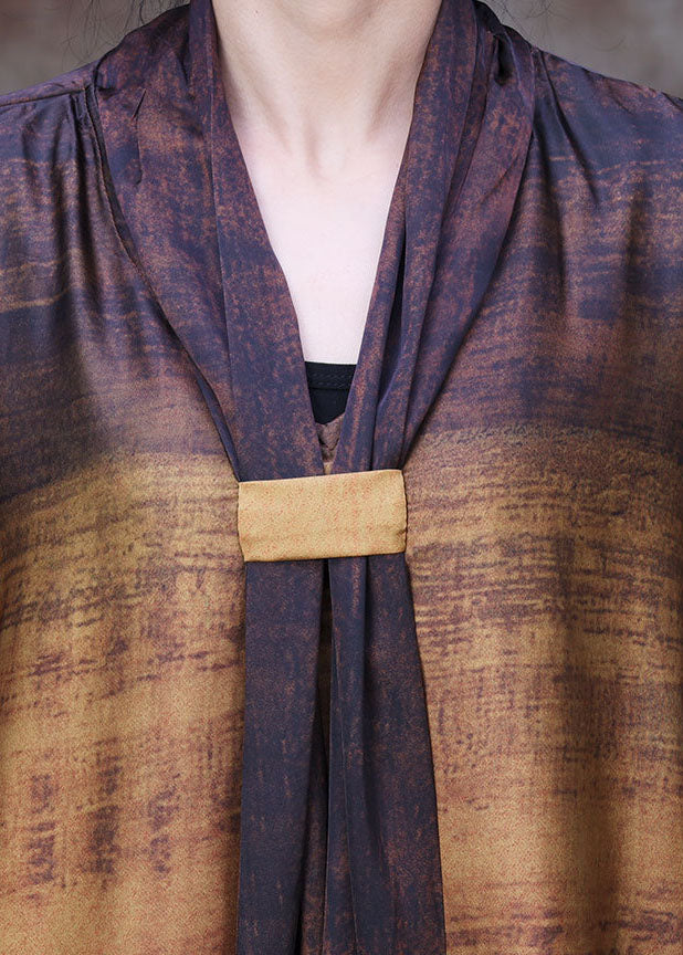 Yellow Coffee Bow Collar Print Silk Dress Batwing Sleeve