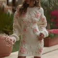 Comstylish Women's Vintage Rose Art Cozy Knit Mini Sweater Dress
