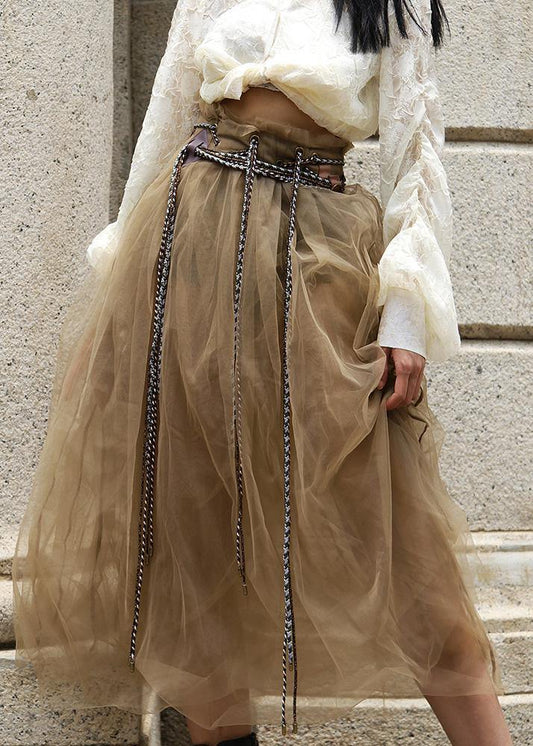 Comfy Khaki Tie Waist Patchwork Skirt Summer