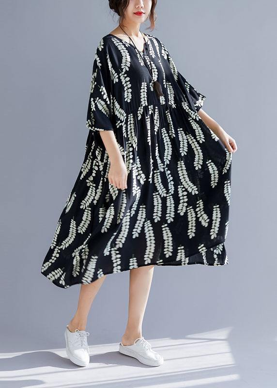 Natural Black Prints Cotton Tunics V Neck a Line Summer Dresses