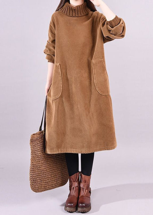 Coffee Patchwork Thick Corduroy Dresses Turtle Neck Long Sleeve