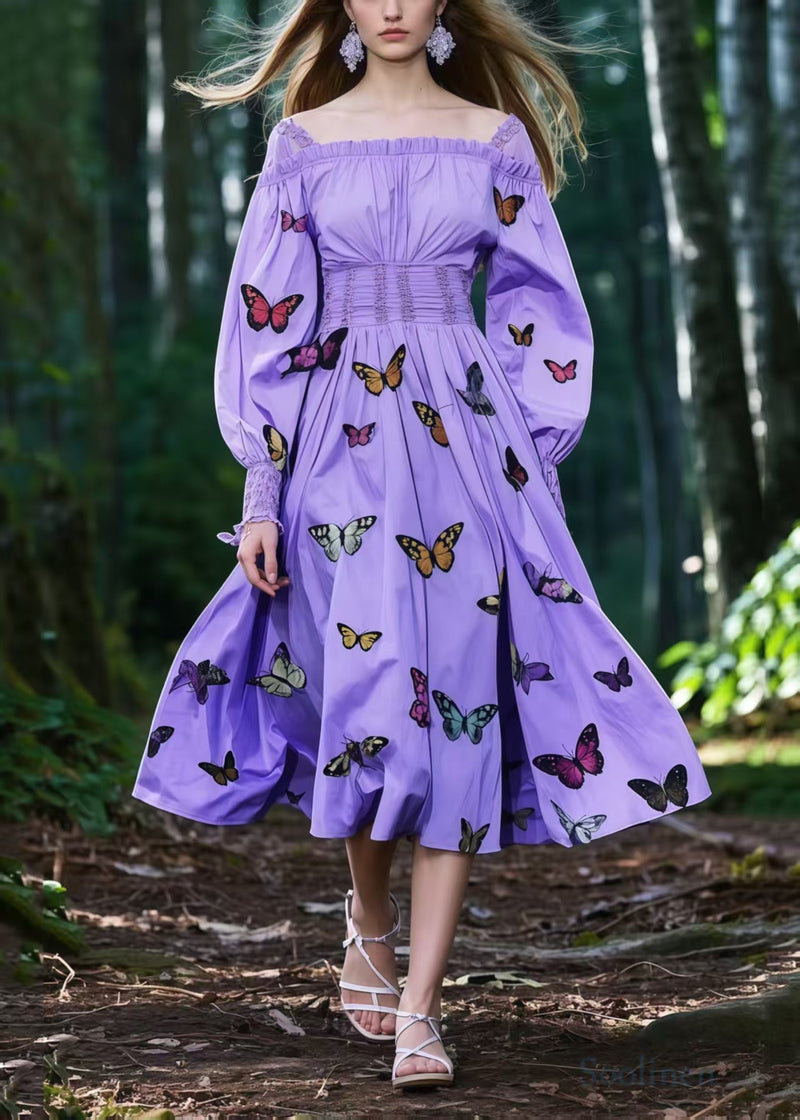 French Lavender Square Collar Butterfly Cotton Party Dresses Spring