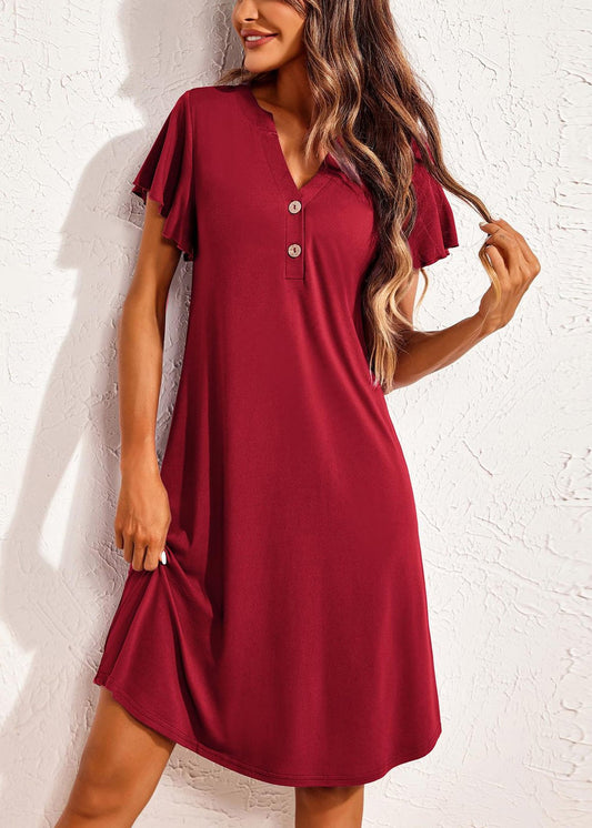 Wine Red Cotton Summer Pajamas Dresses V Neck