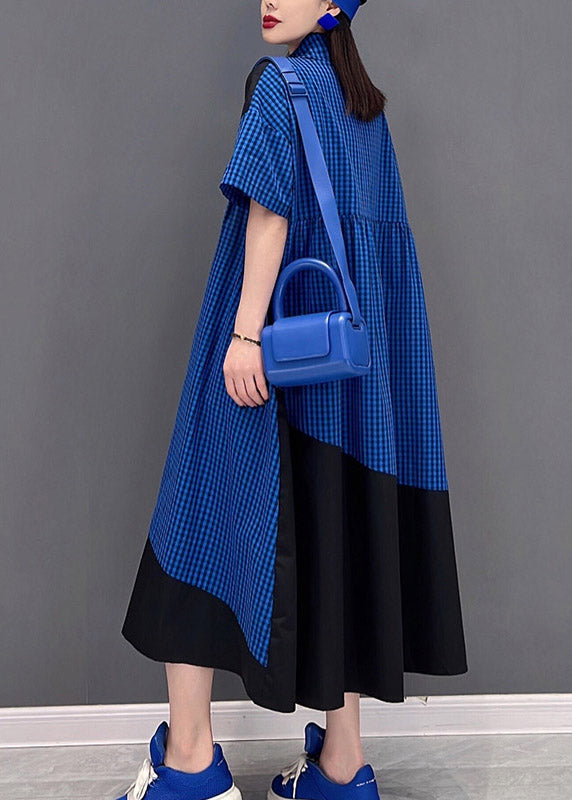 Blue Peter Pan Collar Button Plaid Shirt Dress Short Sleeve