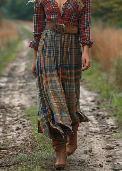 Unique Colorblock V Neck Plaid Cotton Dresses Long Sleeve