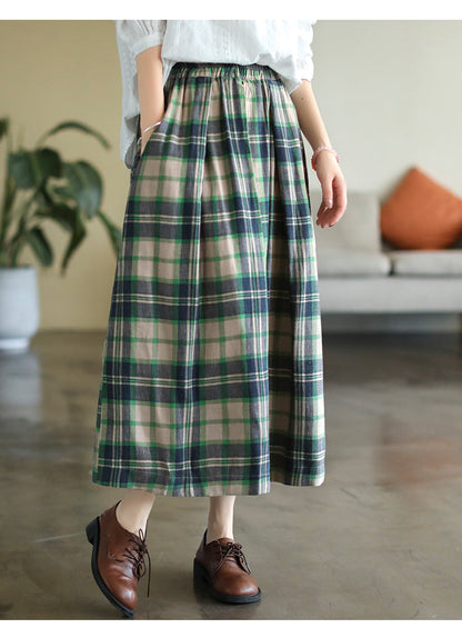 Cotton and Linen Check Elastic High Waist A-line Skirt