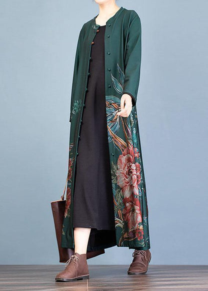 Green Prints Coat Oversize Long Coat Fall Trench Coats O Neck