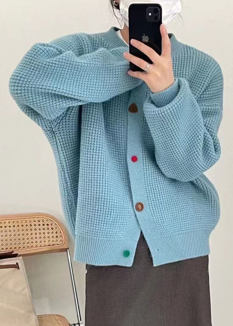 French Blue O Neck Button Versatile Knit Coat Fall
