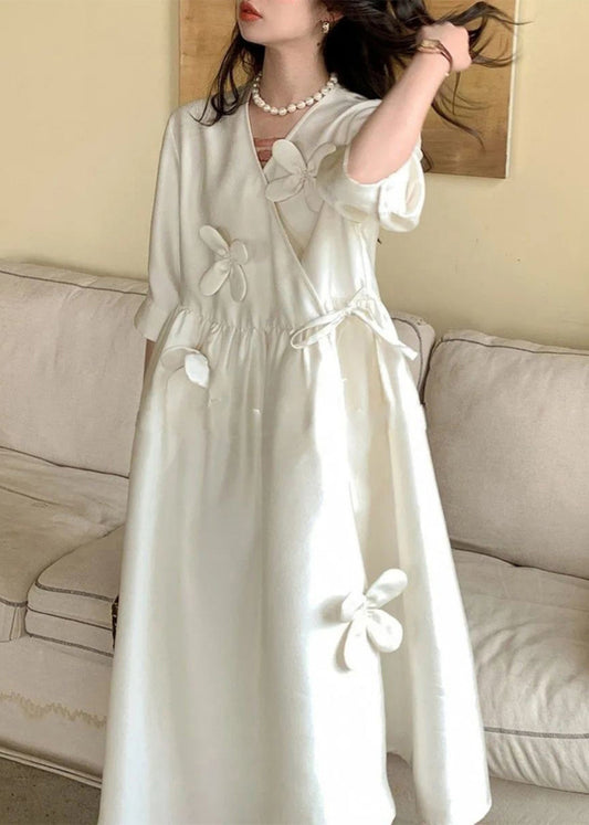 White V Neck Lace Up Cotton Long Dress Summer