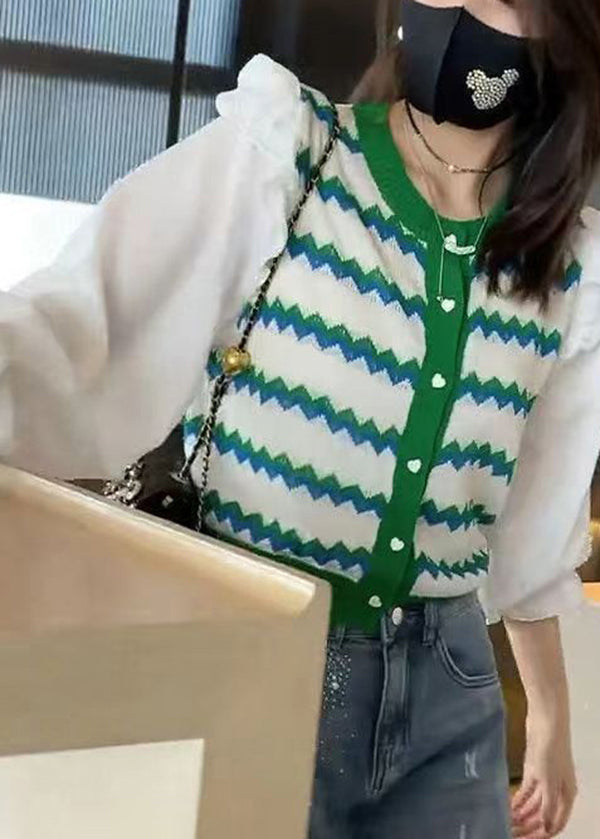 Green Striped Ruffled Patchwork Knit Blouse Tops Fall