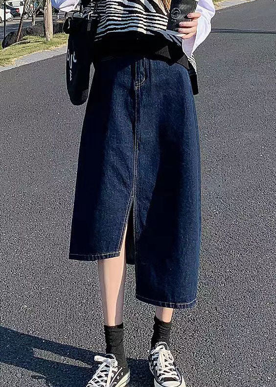 Navy Side Open Asymmetrical Pocket Cotton Denim Wraped Skirts Cozy