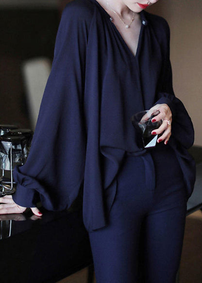 Navy Chiffon Shirt O Neck Lantern Sleeve