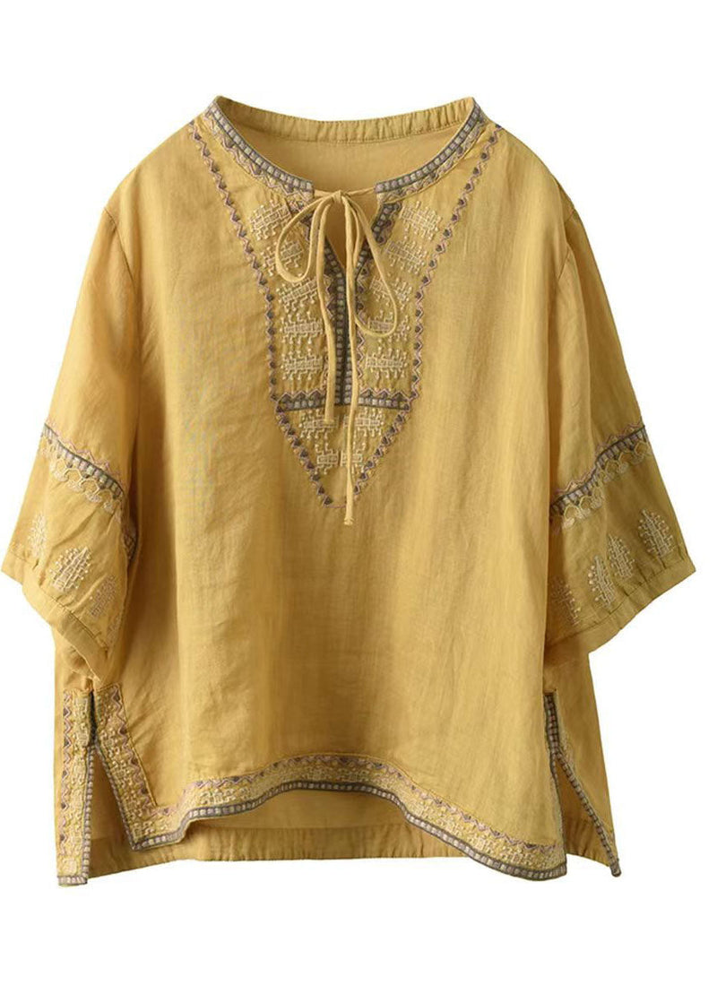 Yellow Embroidered Tie Neck Linen Blouses Half Sleeve