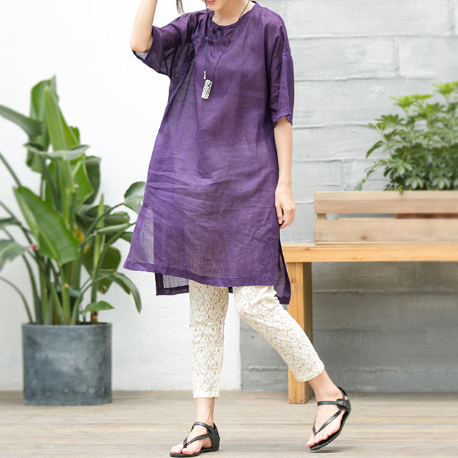 Purple Natural Cotton Linen Dress Oversize Traveling Clothing Fine Short Sleeve O Neck a Line Skirts Cotton Linen Dress