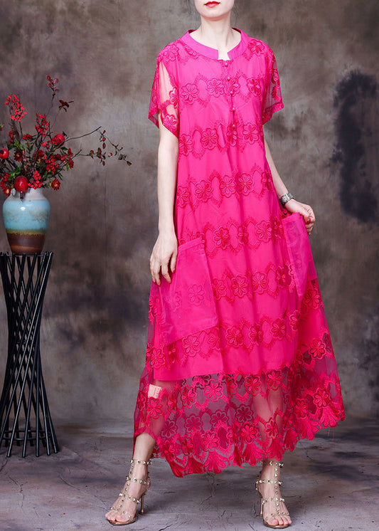 Rose Stand Collar Embroideried Hollow Out Tulle Vacation Long Dress Short Sleeve