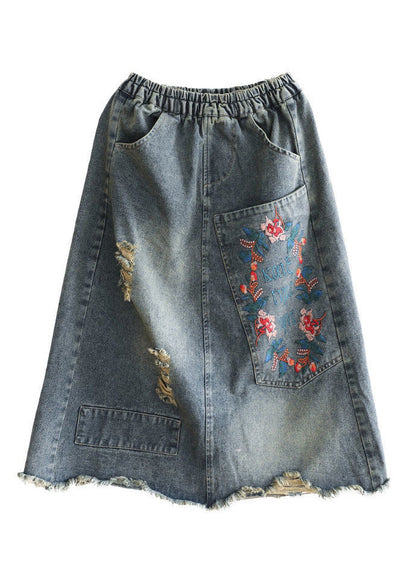 Blue Embroideried Patchwork Patchwork a Line Skirt Summer