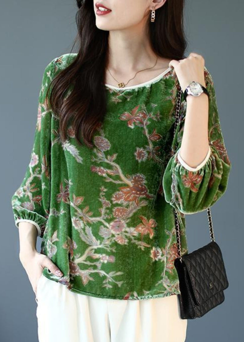 Art Green U Neck Print Silk Velour T Shirts Bracelet Sleeve