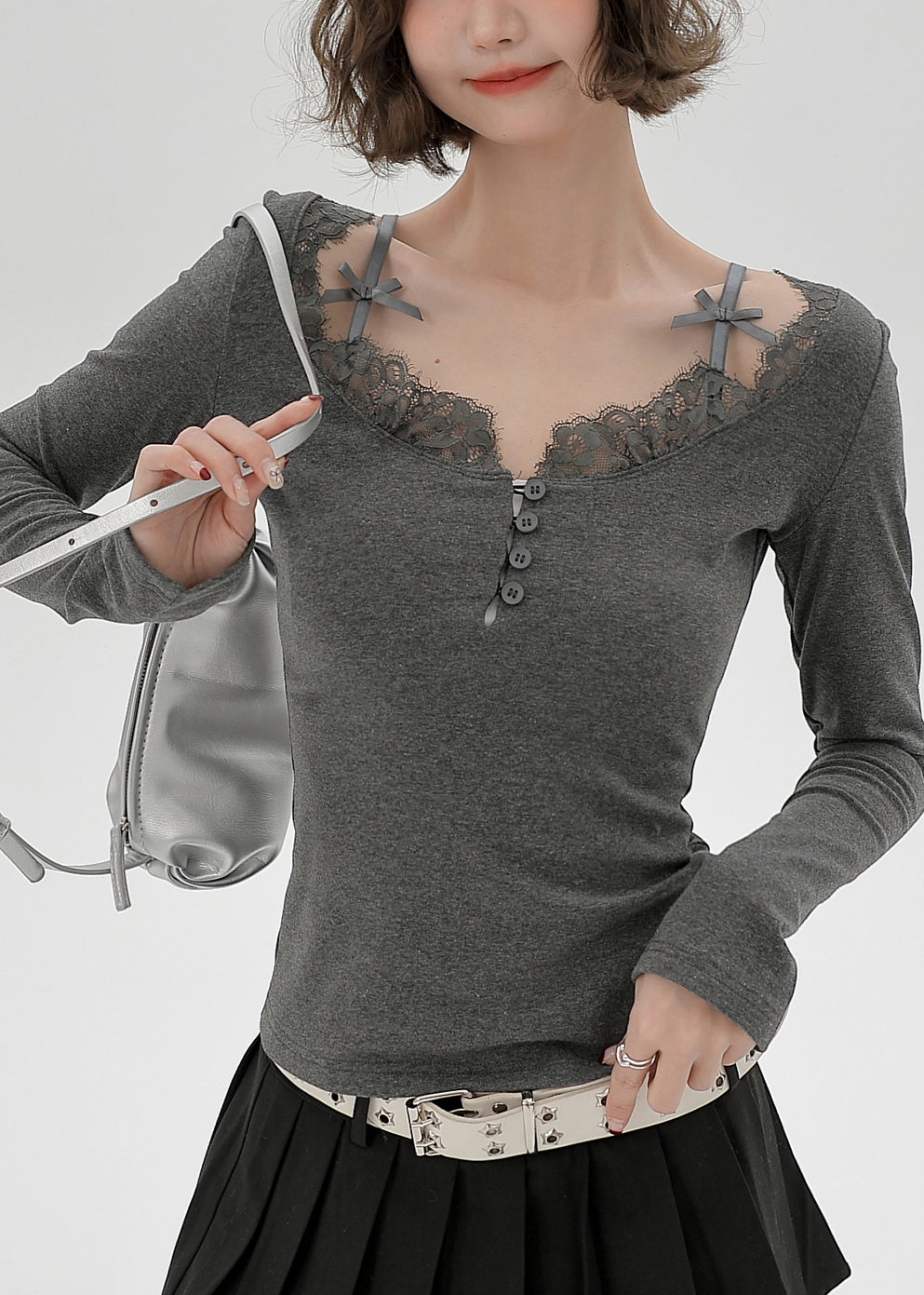 Grey U Neck Lace Patchwork Cotton Shirts Spring