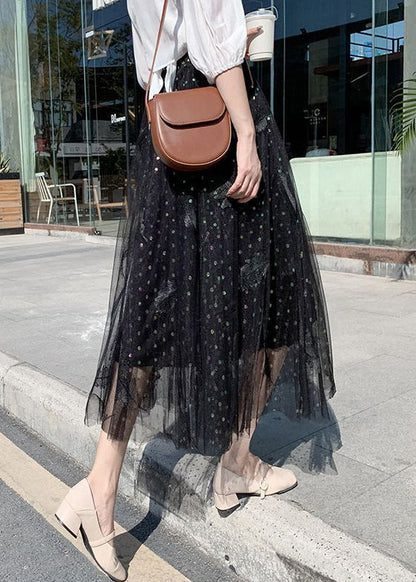 Black Embroidered High Waist Tulle a Line Skirts