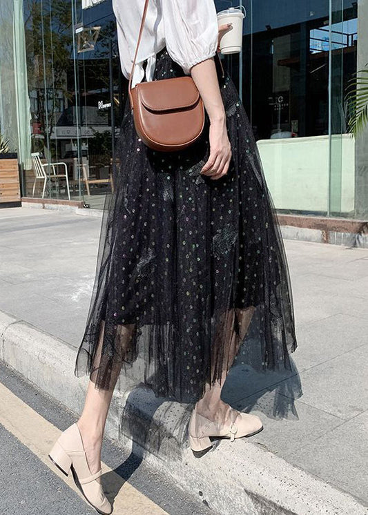 Black Embroidered High Waist Tulle a Line Skirts