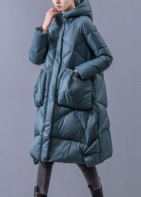 Blue Hooded Zippered Oversized Thick Cotton Blend Puffers Jackets Winter