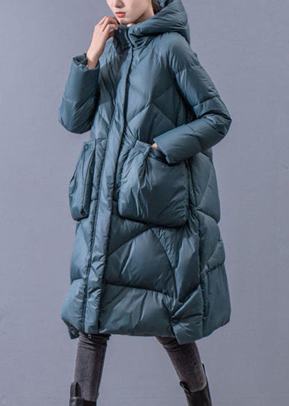Blue Hooded Zippered Oversized Thick Cotton Blend Puffers Jackets Winter