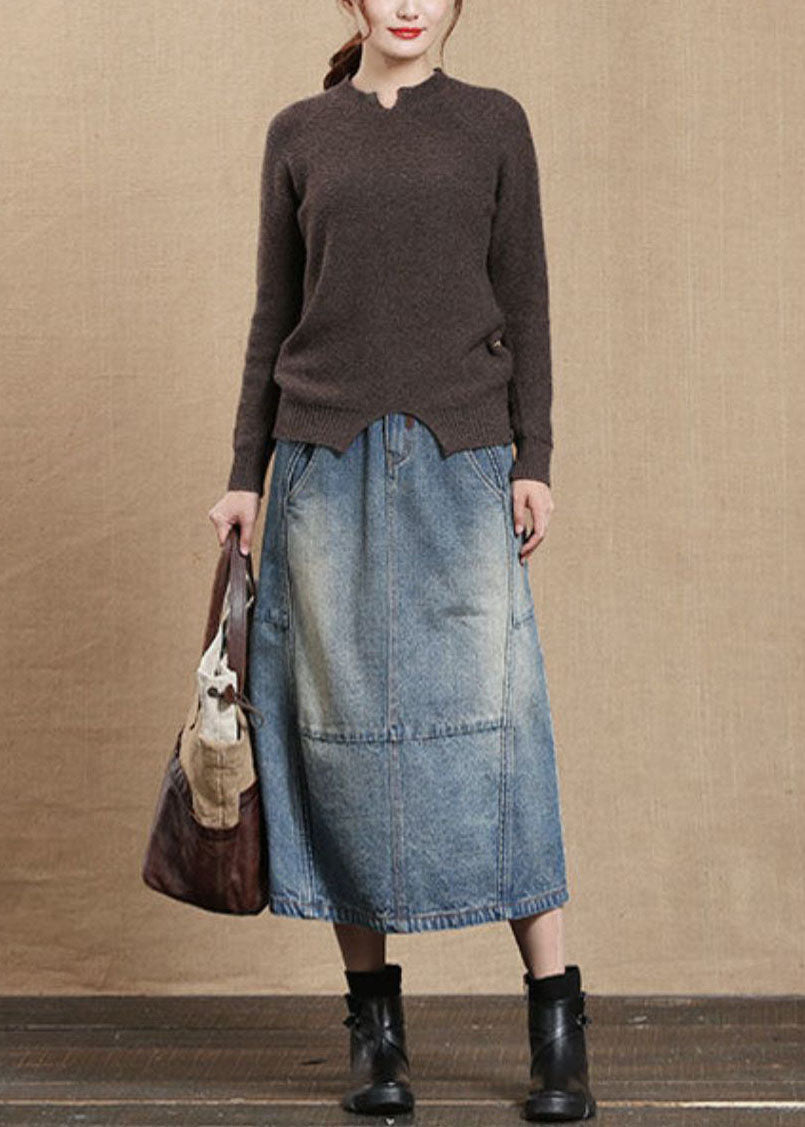 Unique Light Blue Elastic Waist Pockets Cotton Denim Skirt Cozy
