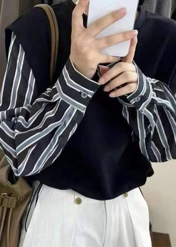 New Grey Fake Two Piece Spliced Stripe Top Autumn