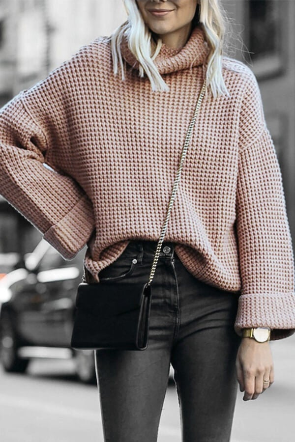 Color High Neck Loose Knit Sweater