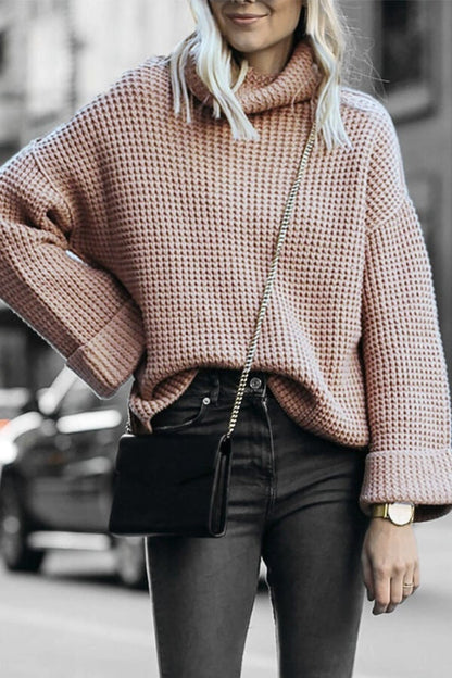 Color High Neck Loose Knit Sweater