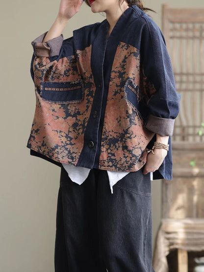 Spring Artsy Spliced Tie-dye Button Denim Coat
