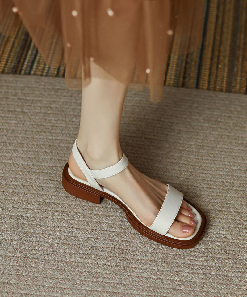 Brown Cowhide Leather Splicing Sandals Peep Toe Buckle Strap