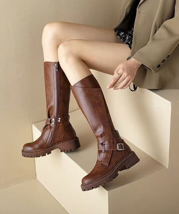 Splicing Chunky Heel Boots Brown Faux Leather Fuzzy Wool Lined