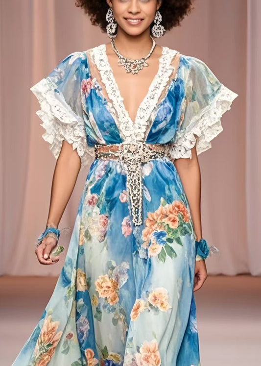 Blue Cinched Print Chiffon Maxi Dress Summer