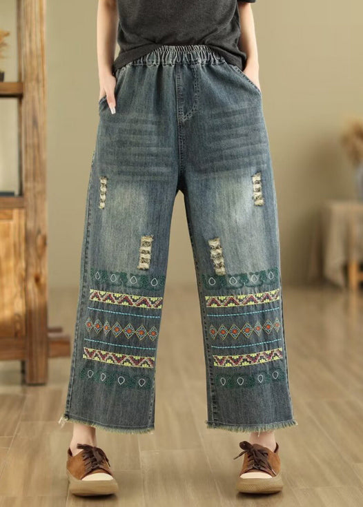 Blue Embroidered Pockets Denim Wide Leg Pants Spring