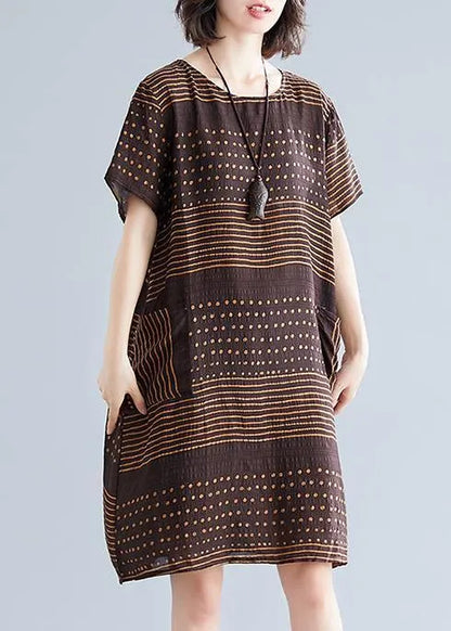 Chocolate Dotted Cotton Tunic Top O Neck Pockets Short Dress