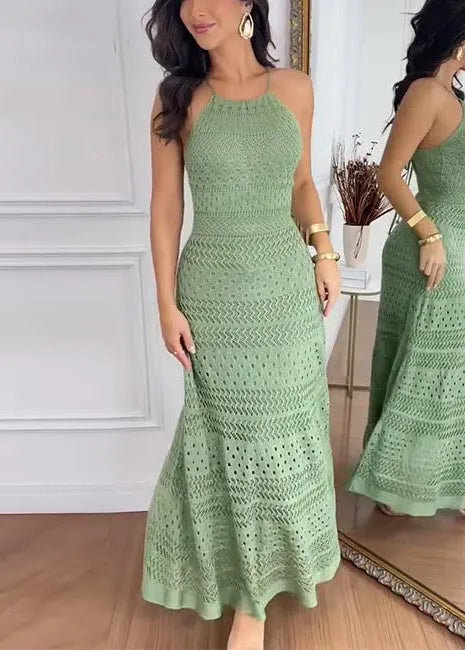 Green Hollow Out Cold Waist Knit Holiday Dress Summer