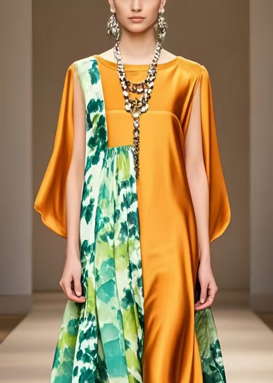 Orange Asymmetrical Print Silk Robe Dresses Cloak Sleeves